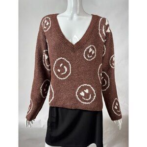 No Boundaries Brown Smiley Face Print Knit Sweater Womens M Made In China